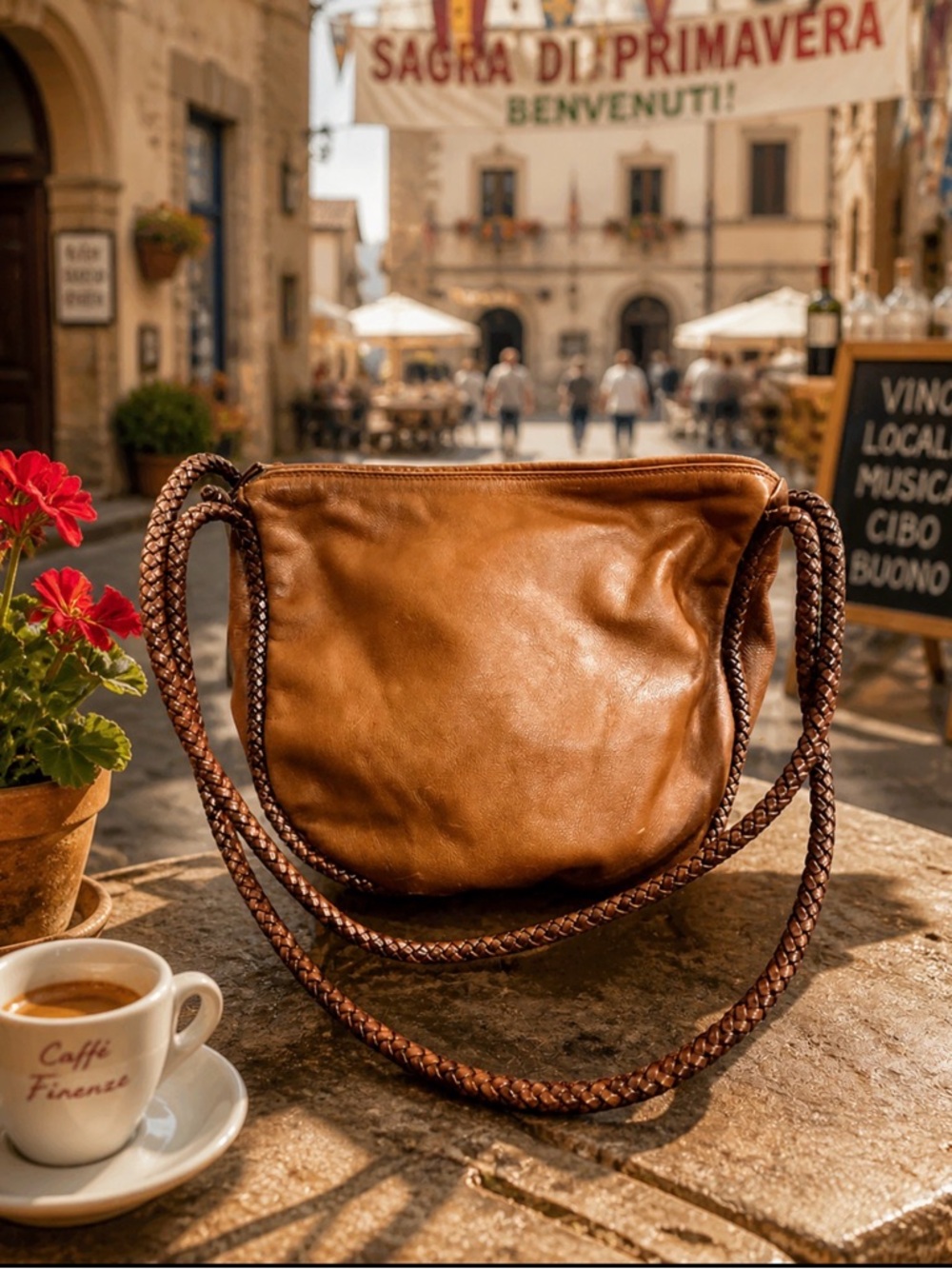 Gabrielle de Vecchi Tan Brown Braided-Strap Shoulder /crossbody boho slouchy Bag